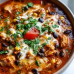 A close-up of a bowl of creamy chicken enchilada soup with black beans, corn, and a swirl of cream.