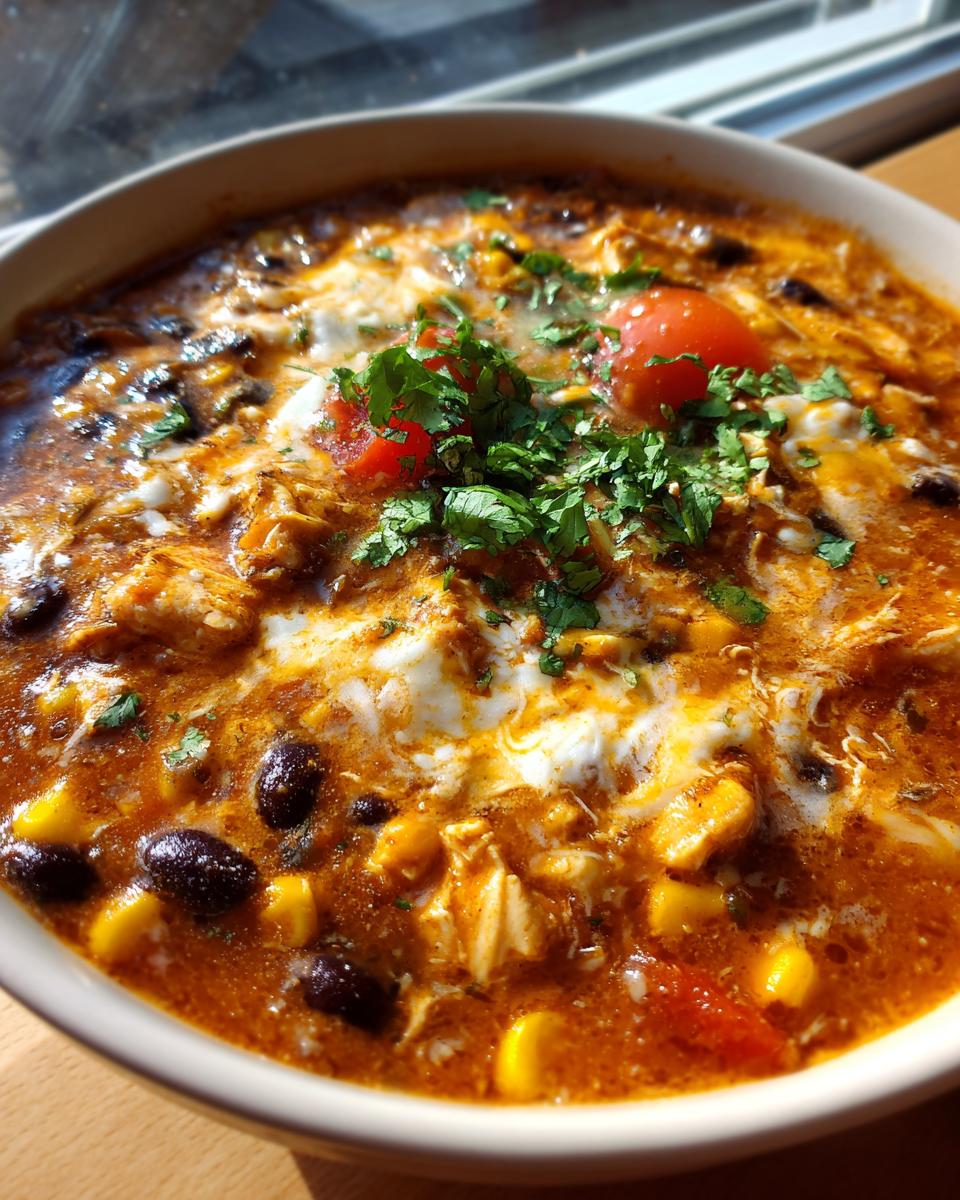 A close-up of a bowl of creamy chicken enchilada soup with black beans, corn, tomatoes, and cilantro.