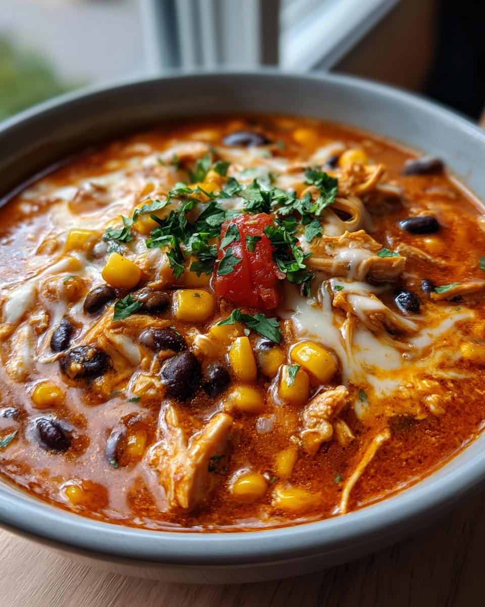 A close-up of a bowl of creamy chicken enchilada soup, topped with melted cheese, corn, black beans, and cilantro.