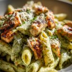 A close-up of creamy chicken pesto pasta, featuring penne pasta, grilled chicken pieces, and a vibrant green pesto sauce, topped with parmesan cheese and parsley.