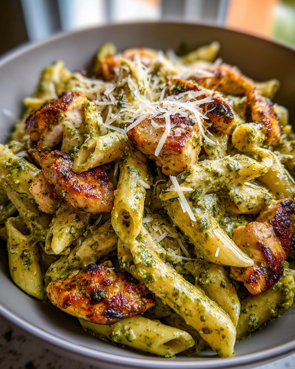 A close-up shot of a bowl filled with creamy chicken pesto pasta, topped with shredded parmesan cheese.
