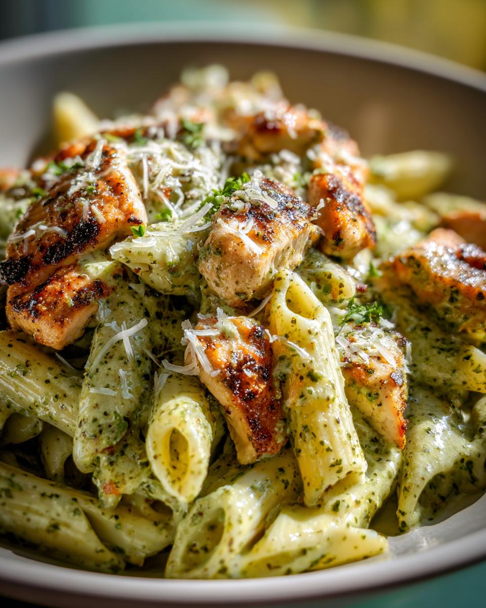 A close-up shot of creamy chicken pesto pasta, featuring penne pasta coated in pesto sauce with grilled chicken pieces and grated Parmesan cheese.