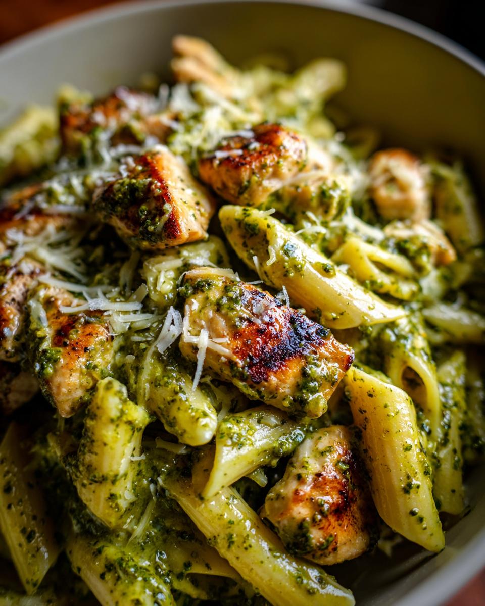Close-up of creamy chicken pesto pasta with penne noodles, grilled chicken pieces, and grated parmesan cheese.