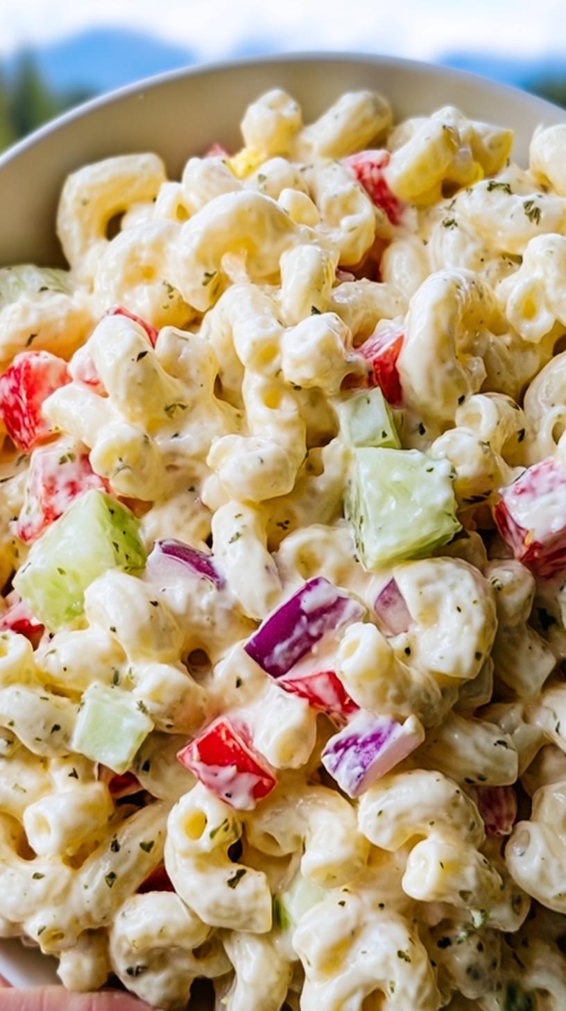 Close-up of a bowl filled with Creamy Classic Macaroni Salad, featuring elbow macaroni, diced cucumber, red onion, and bell peppers in a creamy dressing.