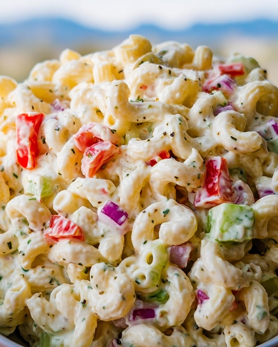 Close-up of a bowl overflowing with Creamy Classic Macaroni Salad, featuring elbow macaroni, diced red onion, celery, and tomatoes in a rich dressing.