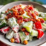 A bowl of Creamy Crunchy Cucumber Salad with Ranch Dressing, topped with crispy bacon and fresh dill.