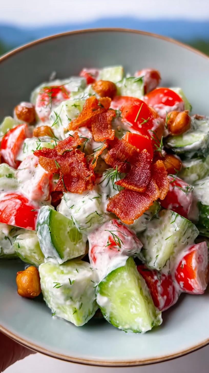 Close-up of Creamy Crunchy Cucumber Salad with Ranch Dressing, topped with crispy bacon and dill.