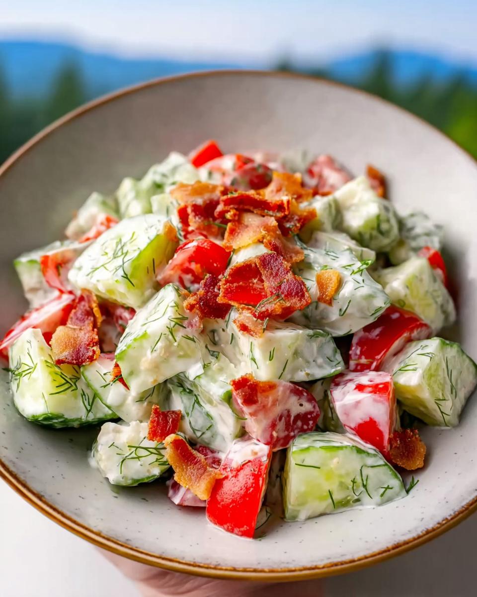 A bowl of Creamy Crunchy Cucumber Salad with Ranch Dressing, topped with crispy bacon and fresh dill.