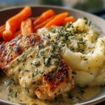 A delicious plate of creamy herb chicken with mashed potatoes and glazed carrots, garnished with fresh herbs.