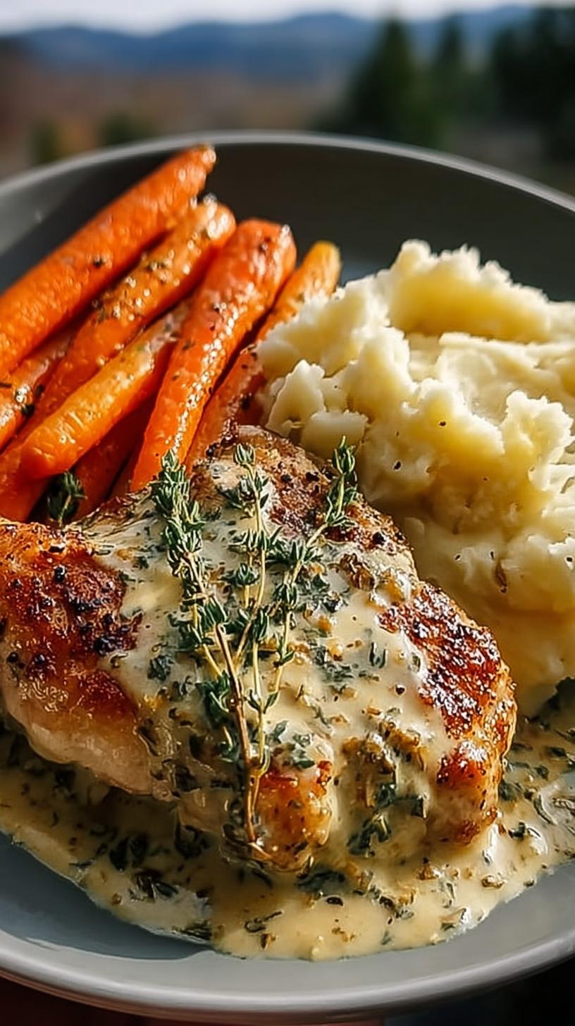 A plate of creamy herb chicken with mashed potatoes and glazed carrots, garnished with fresh thyme.