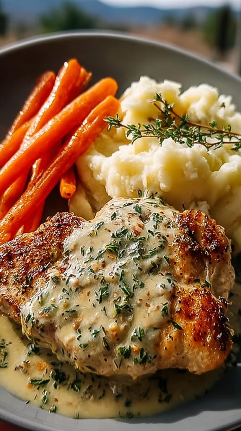 A close-up of creamy herb chicken served with fluffy mashed potatoes and glazed carrots, garnished with fresh thyme.