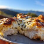 Close-up of a slice of Creamy Melt in Your Mouth Chicken Bake, showing tender chicken breast covered in melted cheese and herbs.