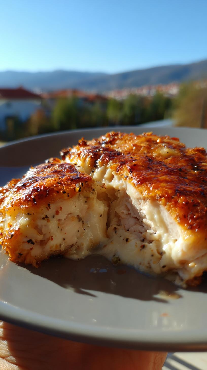A close-up of a slice of Creamy Melt in Your Mouth Chicken Bake, showing tender chicken and a rich, creamy sauce.