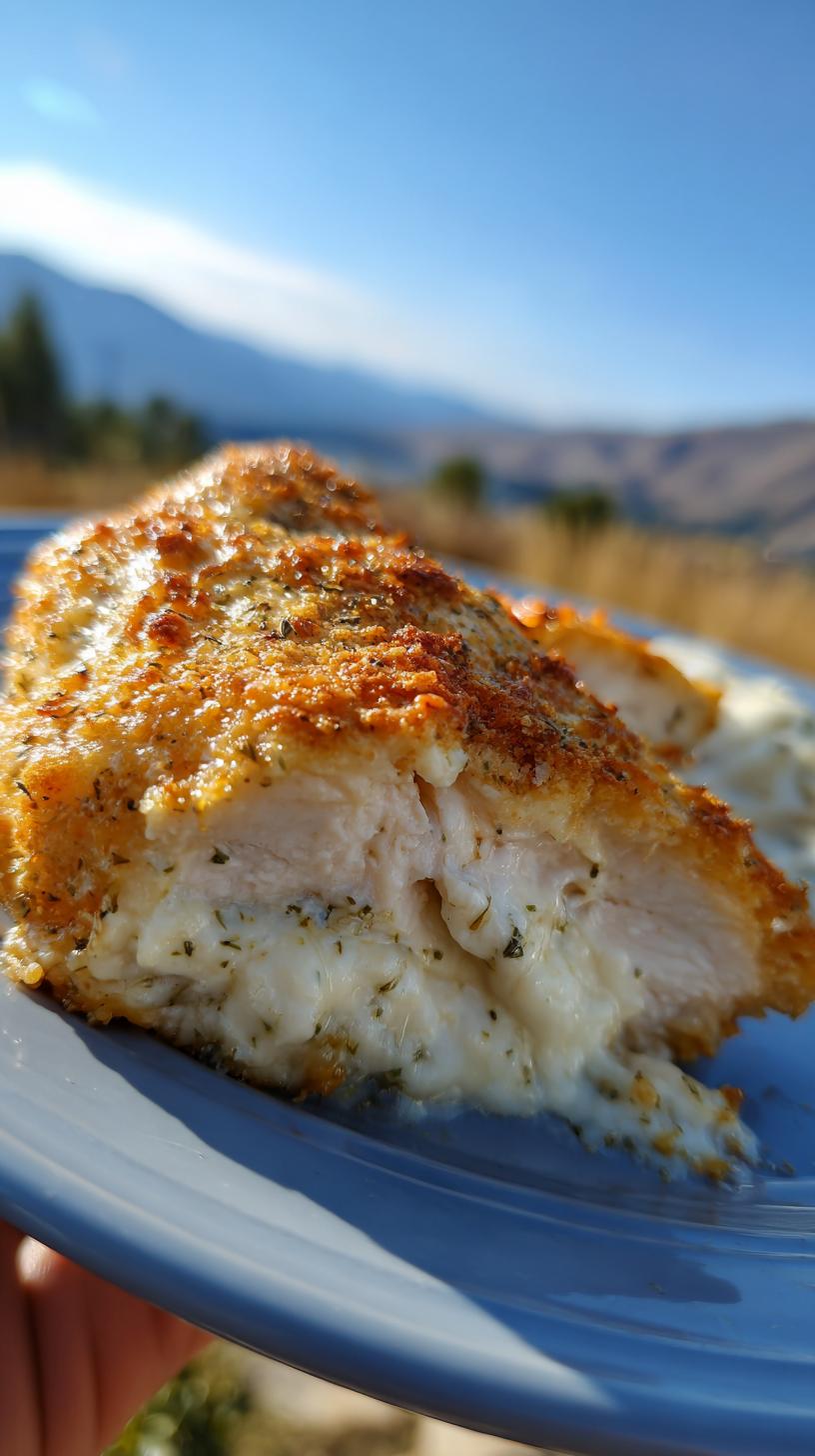 Close-up of a slice of Creamy Melt in Your Mouth Chicken Bake, showing juicy chicken and melted cheese filling.