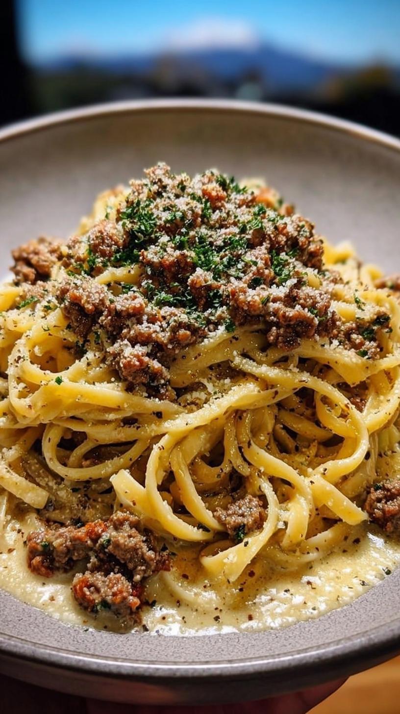 A close-up of creamy parmesan beef linguine topped with seasoned ground beef and fresh parsley.