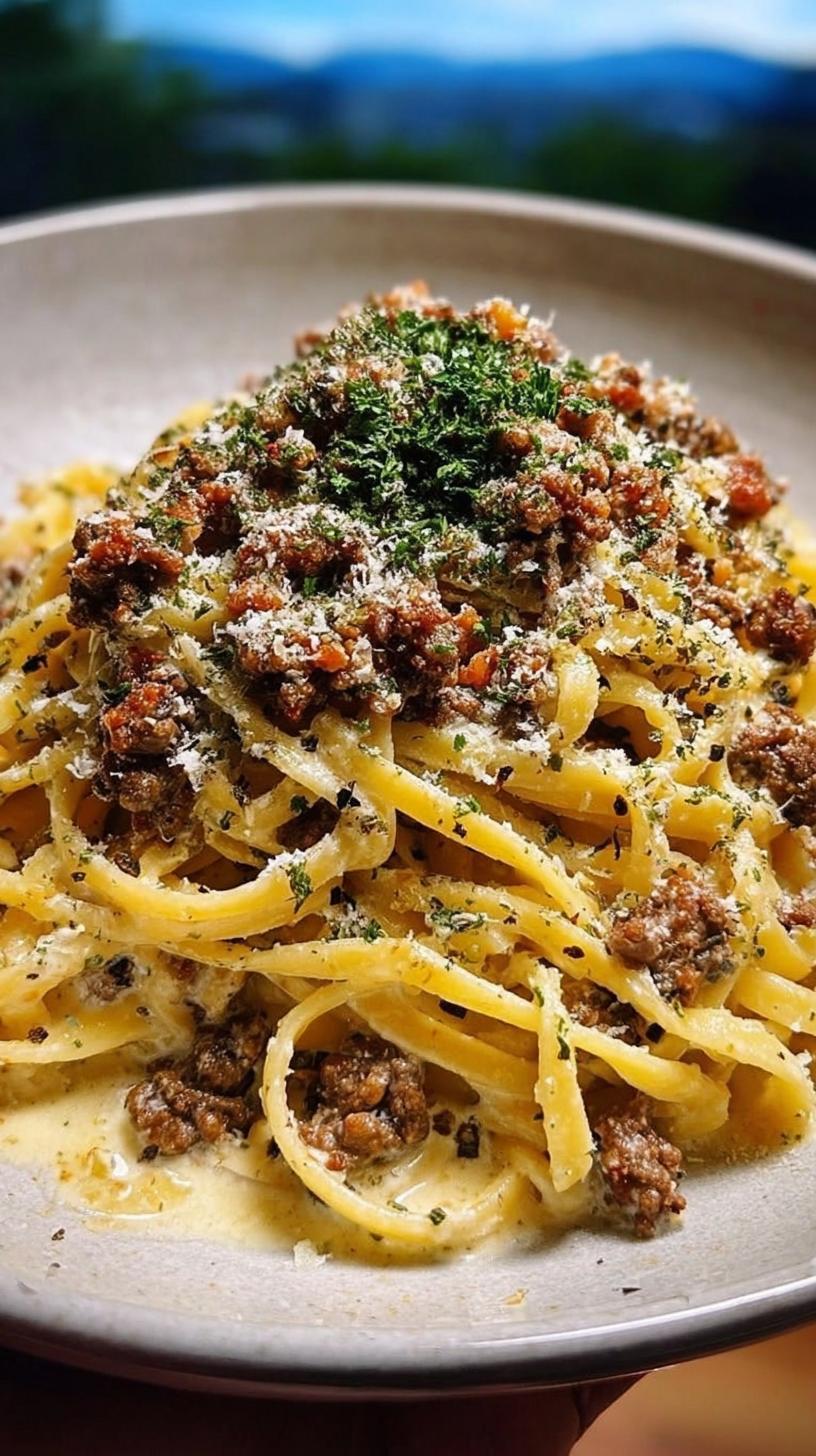 A close-up of creamy parmesan beef linguine topped with fresh parsley and grated parmesan cheese.