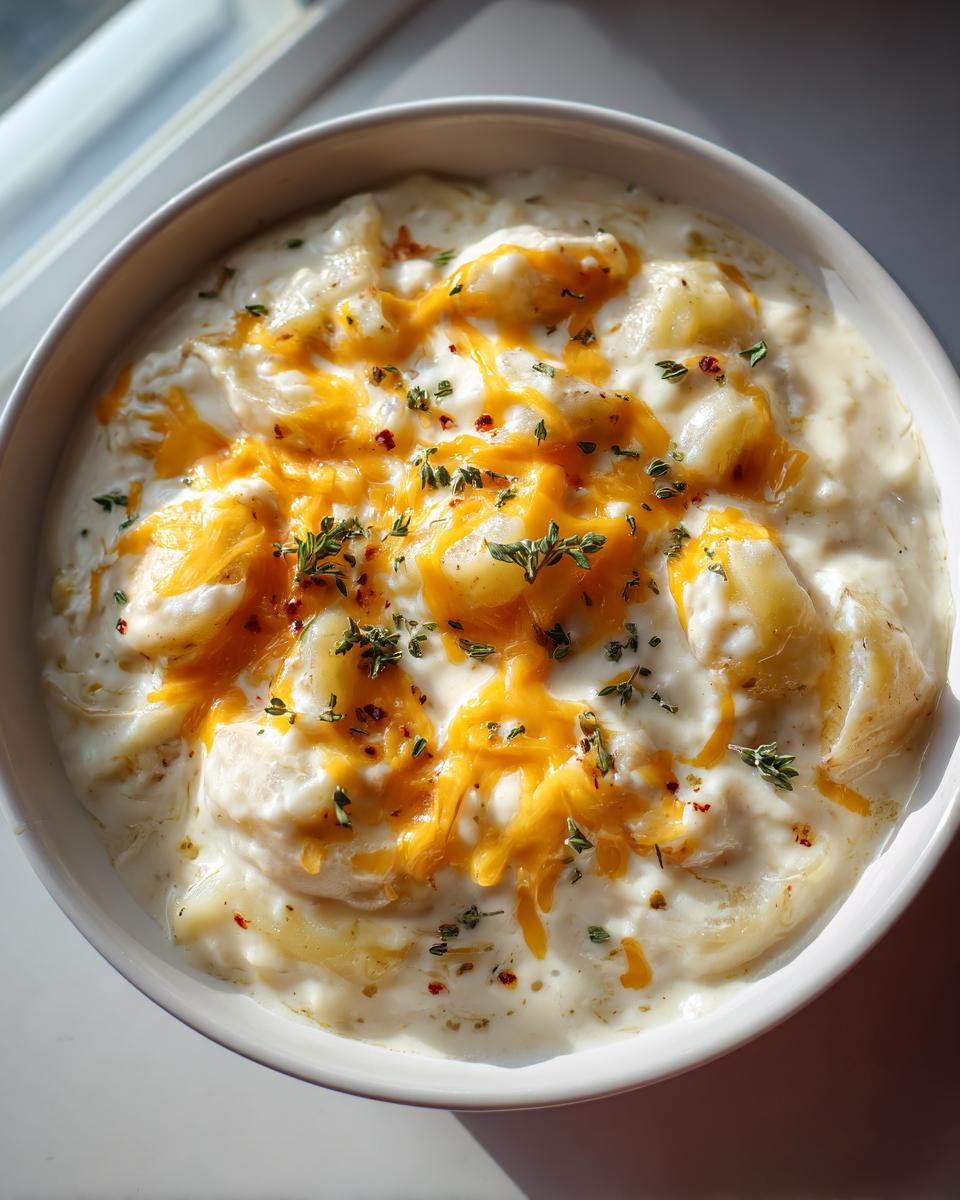 A close-up of a bowl of creamy potato soup topped with melted cheddar cheese and fresh herbs.