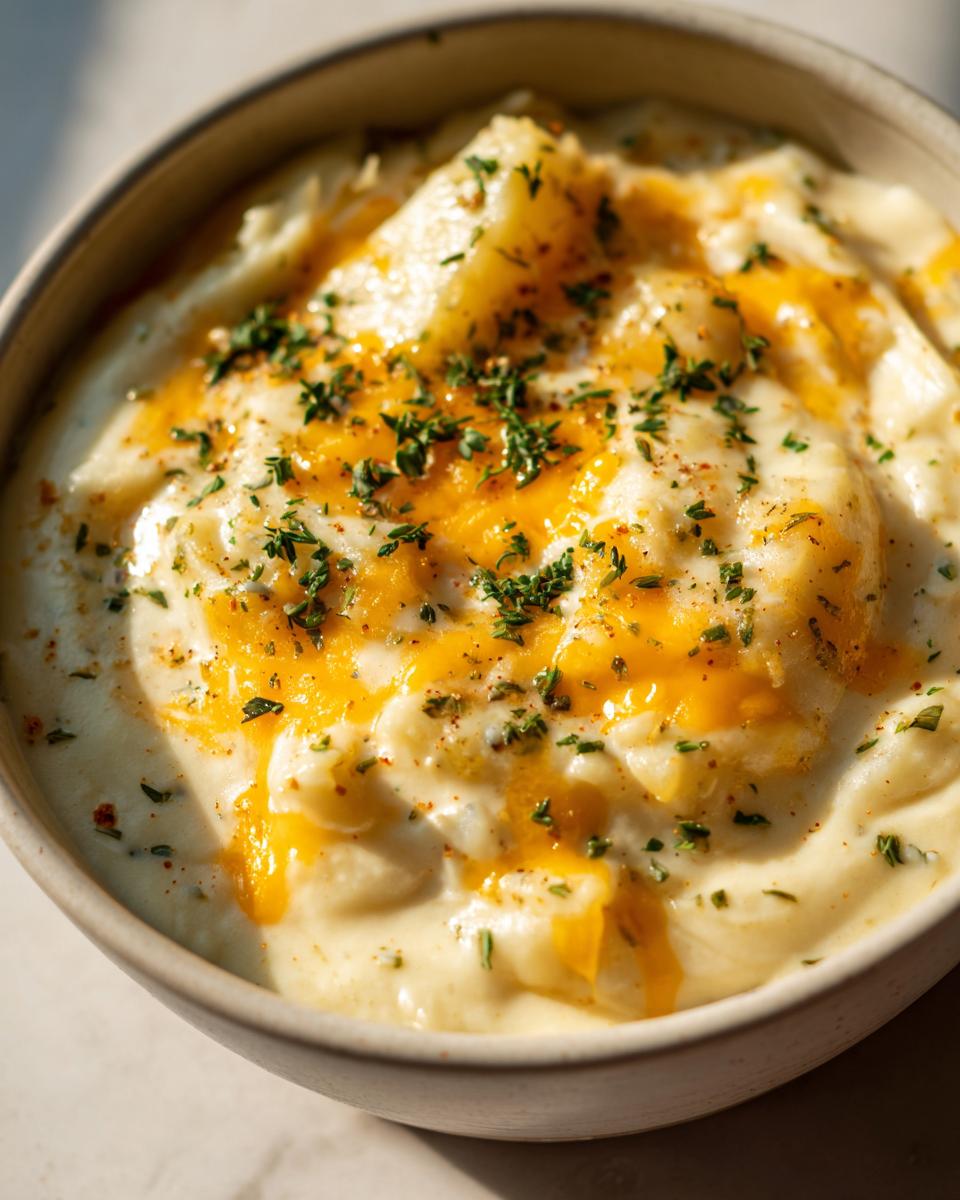 A close-up of a bowl of creamy potato soup topped with melted cheddar cheese and fresh parsley.