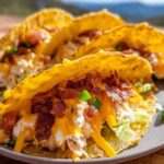 A close-up of three Creamy Ranch Chicken Tacos filled with shredded chicken, cheese, lettuce, bacon, and a dollop of sour cream.