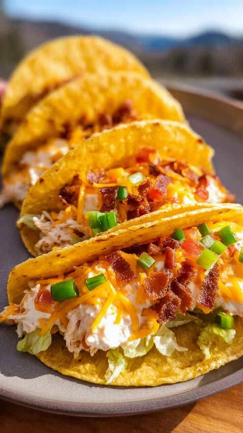 Guaranteed 1 Creamy Ranch Chicken Tacos win 4 Close-up of Creamy Ranch Chicken Tacos filled with shredded chicken, lettuce, cheese, bacon, and green onions.