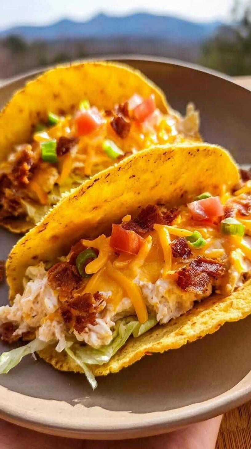 Guaranteed 1 Creamy Ranch Chicken Tacos win 5 Two delicious Creamy Ranch Chicken Tacos filled with shredded chicken, cheese, bacon, tomatoes, and green onions.