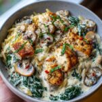 A close-up of a bowl filled with creamy ricotta chicken and orzo skillet, featuring tender chicken pieces, mushrooms, and spinach.