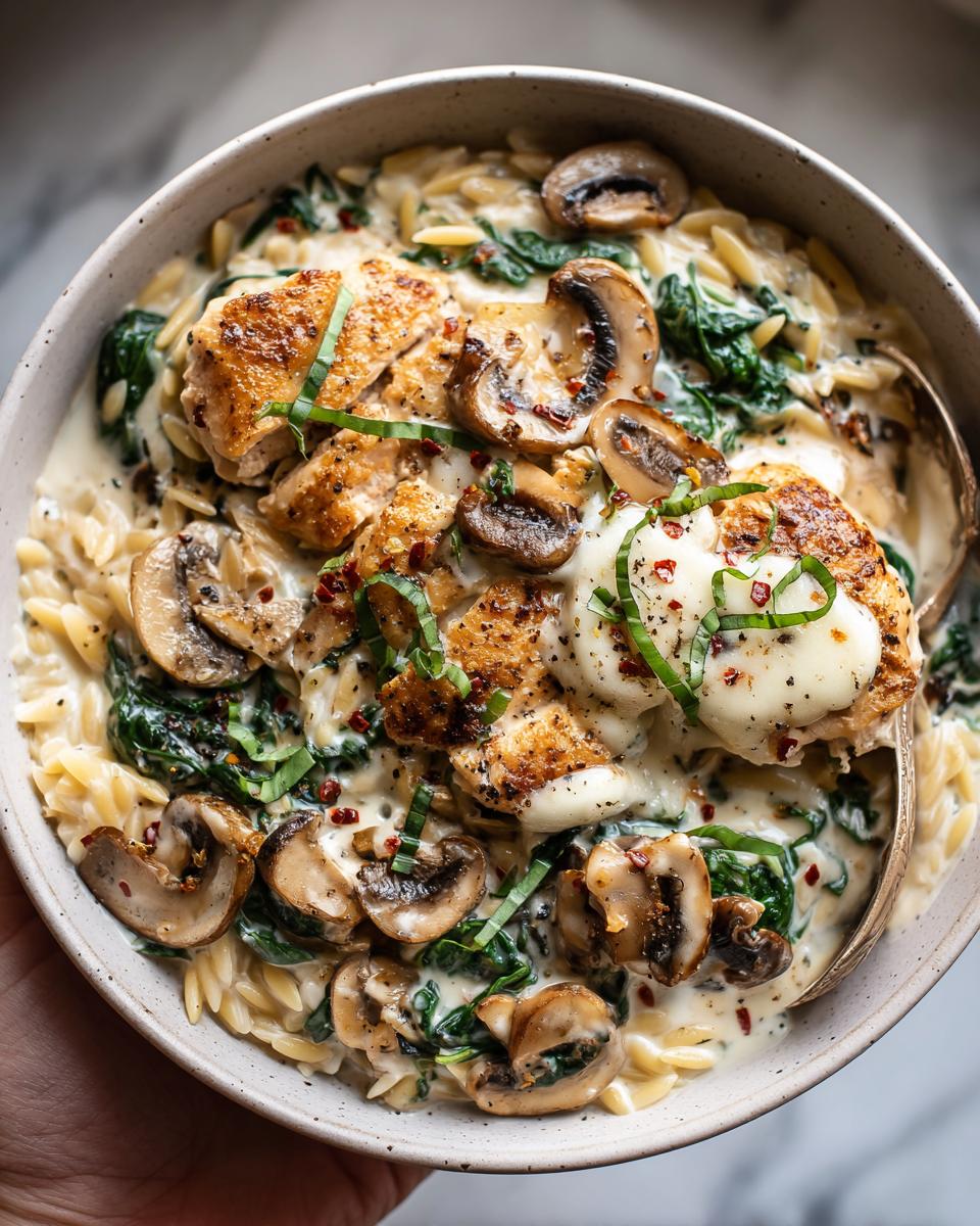 A close-up of a bowl filled with creamy ricotta chicken and orzo skillet, featuring tender chicken pieces, mushrooms, and spinach.