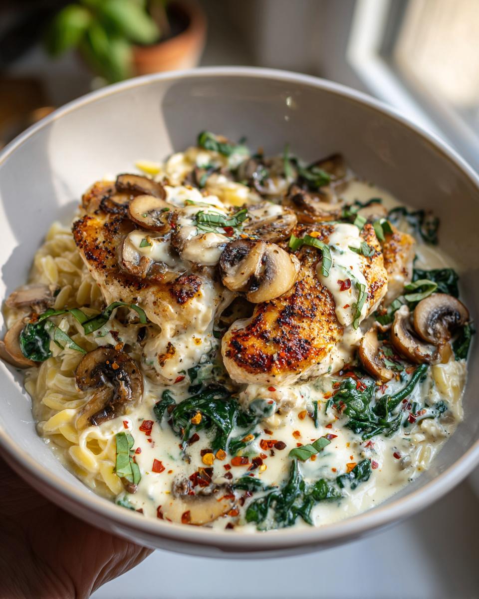 A bowl of creamy ricotta chicken and orzo skillet with mushrooms and spinach, topped with red pepper flakes.