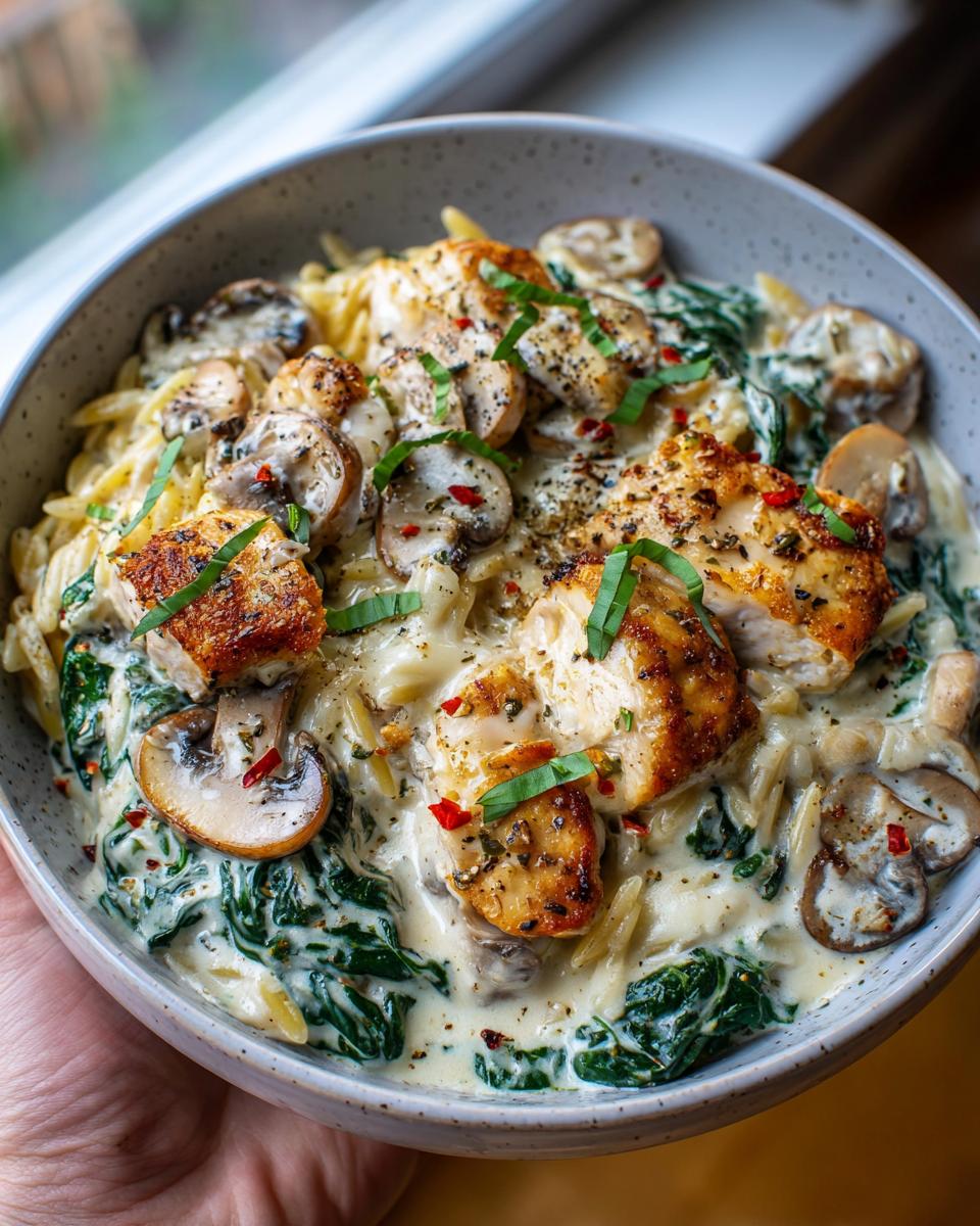 A close-up of a bowl filled with creamy ricotta chicken and orzo skillet, featuring tender chicken pieces, mushrooms, and spinach.