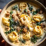 A close-up of a bowl of creamy sausage tortellini soup with wilted spinach and grated cheese.
