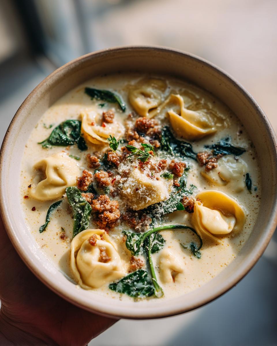 A close-up overhead view of a bowl of creamy sausage tortellini soup with spinach and grated cheese.