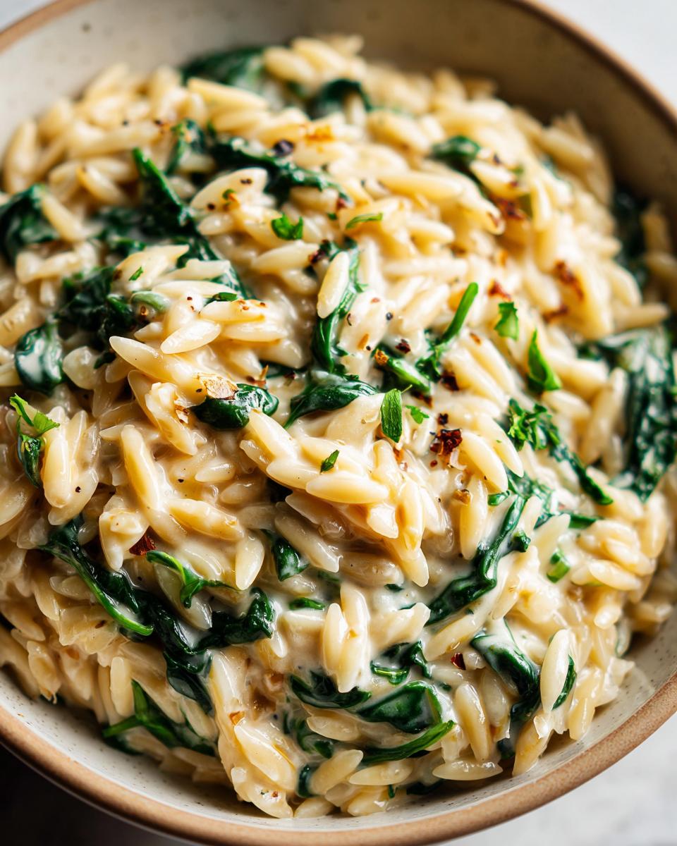 Close-up of a bowl filled with creamy spinach orzo pasta, garnished with herbs and red pepper flakes.