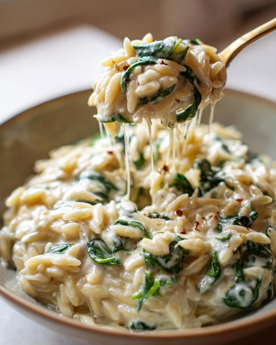 A spoonful of creamy spinach orzo being lifted from a bowl, showing a delicious cheese pull.