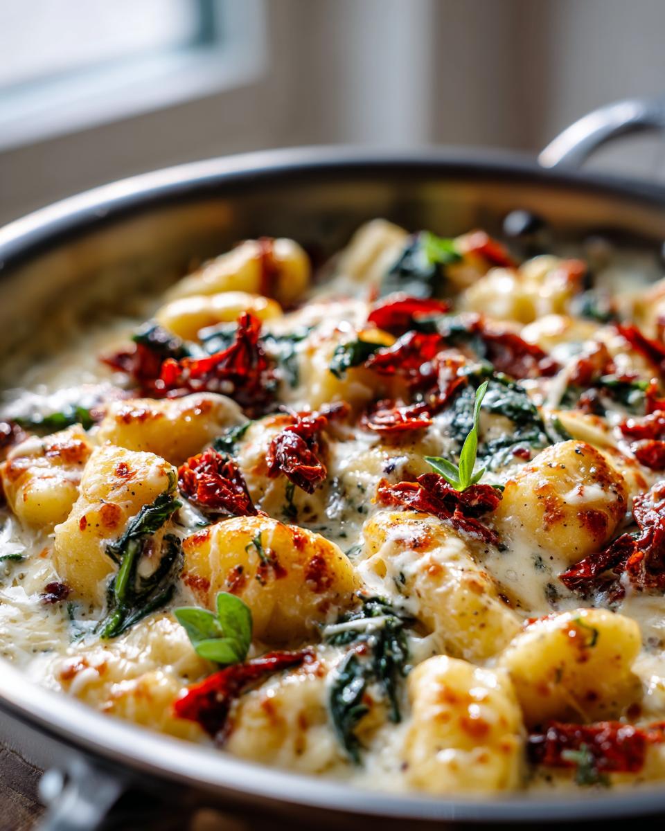 Close-up of creamy sun dried tomato gnocchi in a pan, garnished with fresh basil.