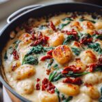 Close-up of creamy sun dried tomato gnocchi with spinach in a skillet, ready to serve.