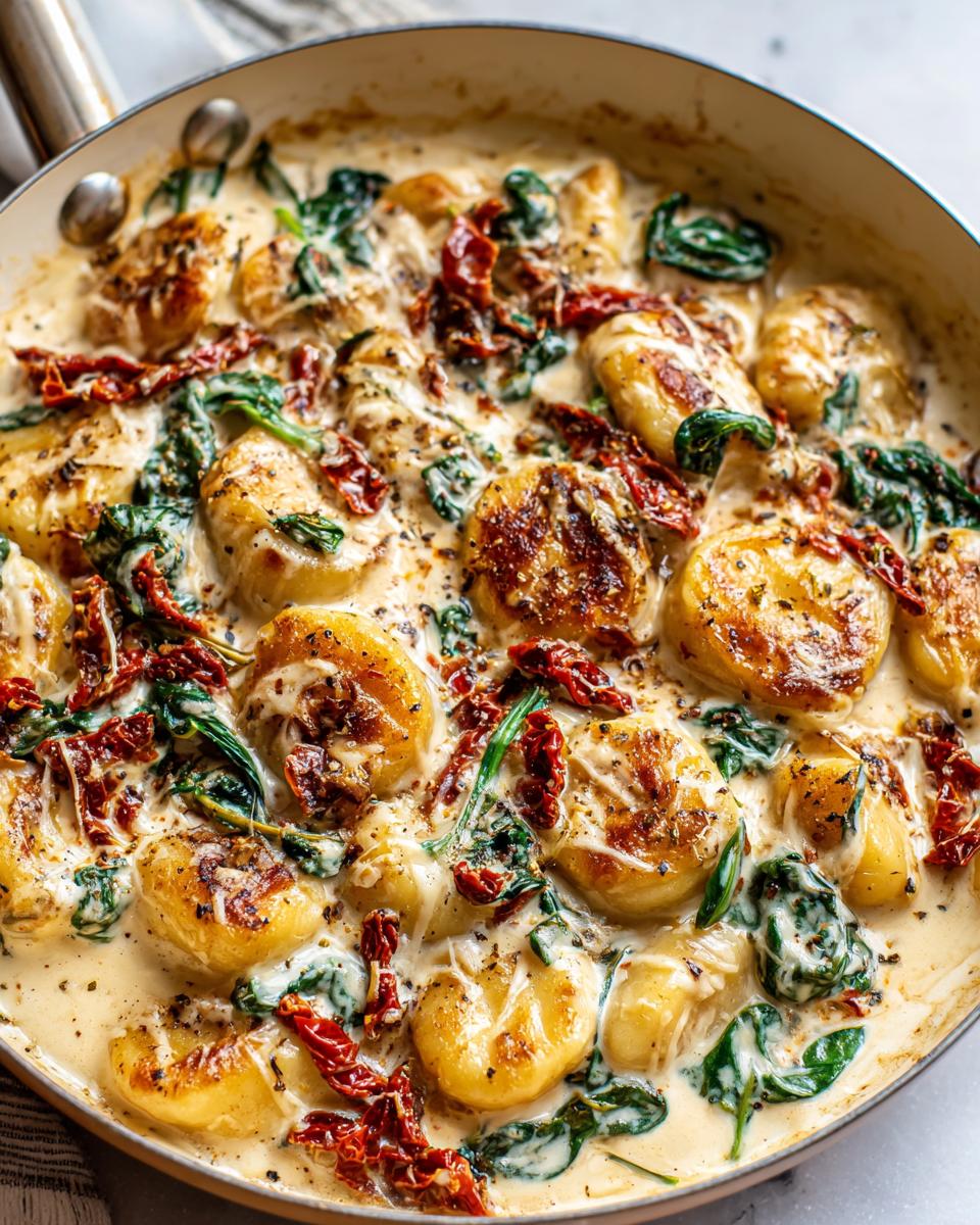 Close-up of a skillet filled with creamy sun dried tomato gnocchi, spinach, and herbs.