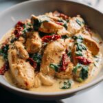 Close-up of tender chicken pieces in a rich, creamy sauce with spinach and sun-dried tomatoes in a bowl, showcasing the creamy Tuscan chicken skillet.