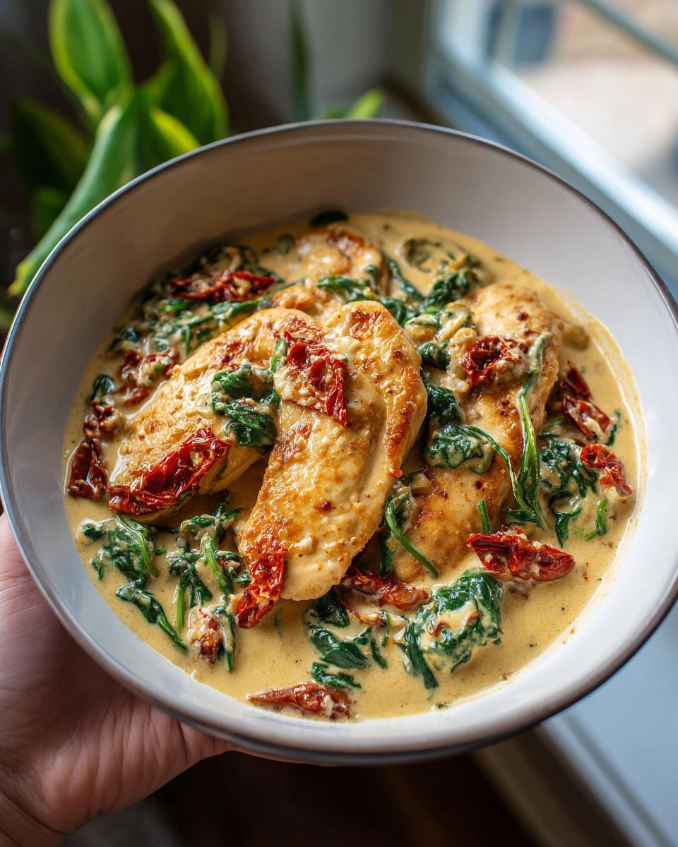 A close-up of a bowl filled with creamy Tuscan chicken skillet, featuring golden chicken breasts, spinach, and sun-dried tomatoes in a rich sauce.