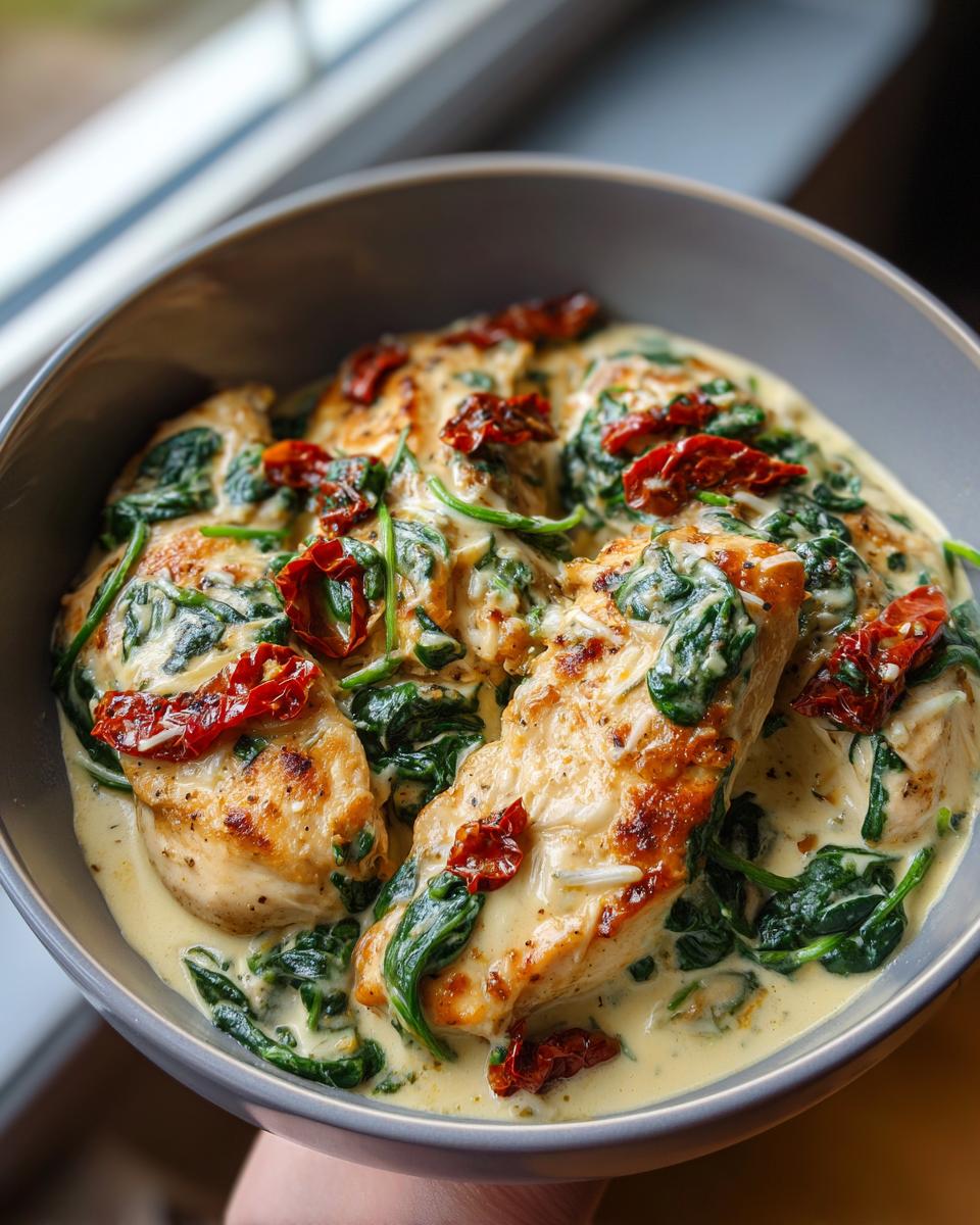 Close-up of tender chicken breasts in a rich, creamy sauce with spinach and sun-dried tomatoes in a bowl.