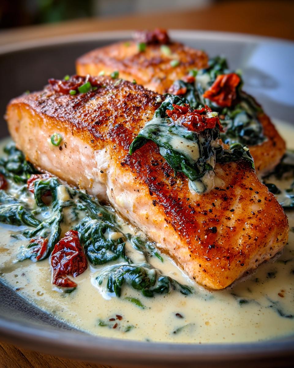 Close-up of a perfectly cooked creamy Tuscan salmon fillet topped with spinach and sun-dried tomatoes.