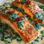 Close-up of two pan-seared salmon fillets in a creamy sauce with spinach and sun-dried tomatoes.