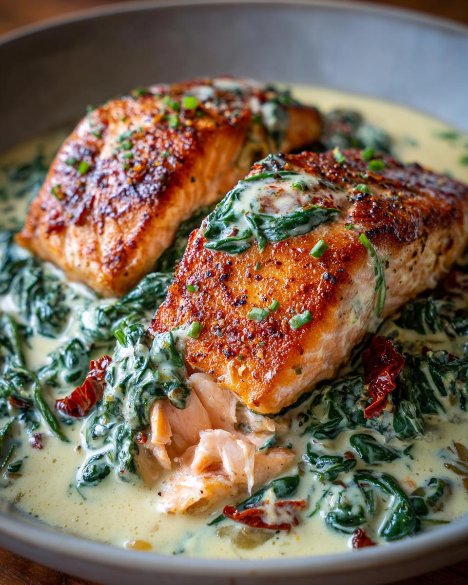 Two pan-seared fillets of creamy Tuscan salmon served over a bed of spinach and sun-dried tomatoes in a creamy sauce.