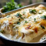 Close-up of Creamy White Chicken Enchiladas topped with melted cheese and cilantro.