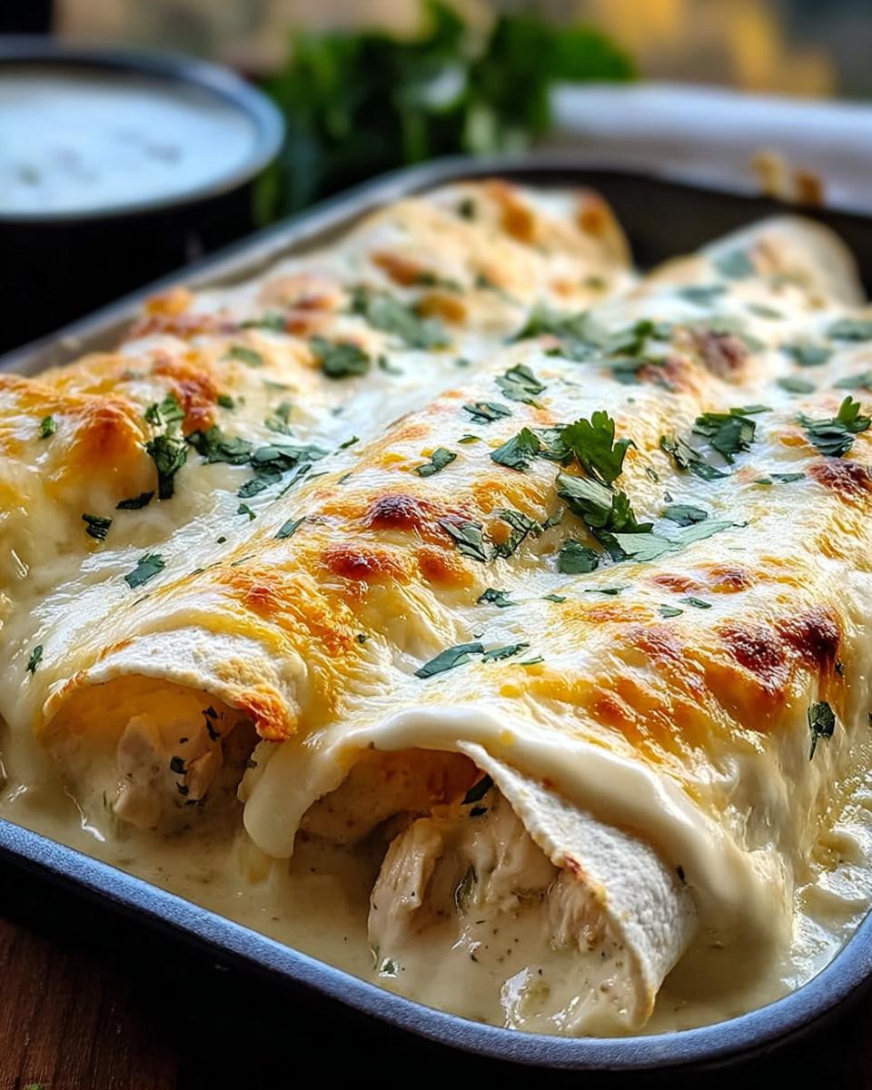 Close-up of Creamy White Chicken Enchiladas with Homemade Sauce, baked with melted cheese and fresh cilantro.