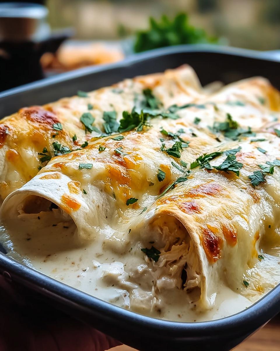 Close-up of Creamy White Chicken Enchiladas with Homemade Sauce, topped with melted cheese and parsley.