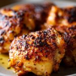 Close-up of perfectly seasoned and crispy air fryer chicken thighs on a plate.