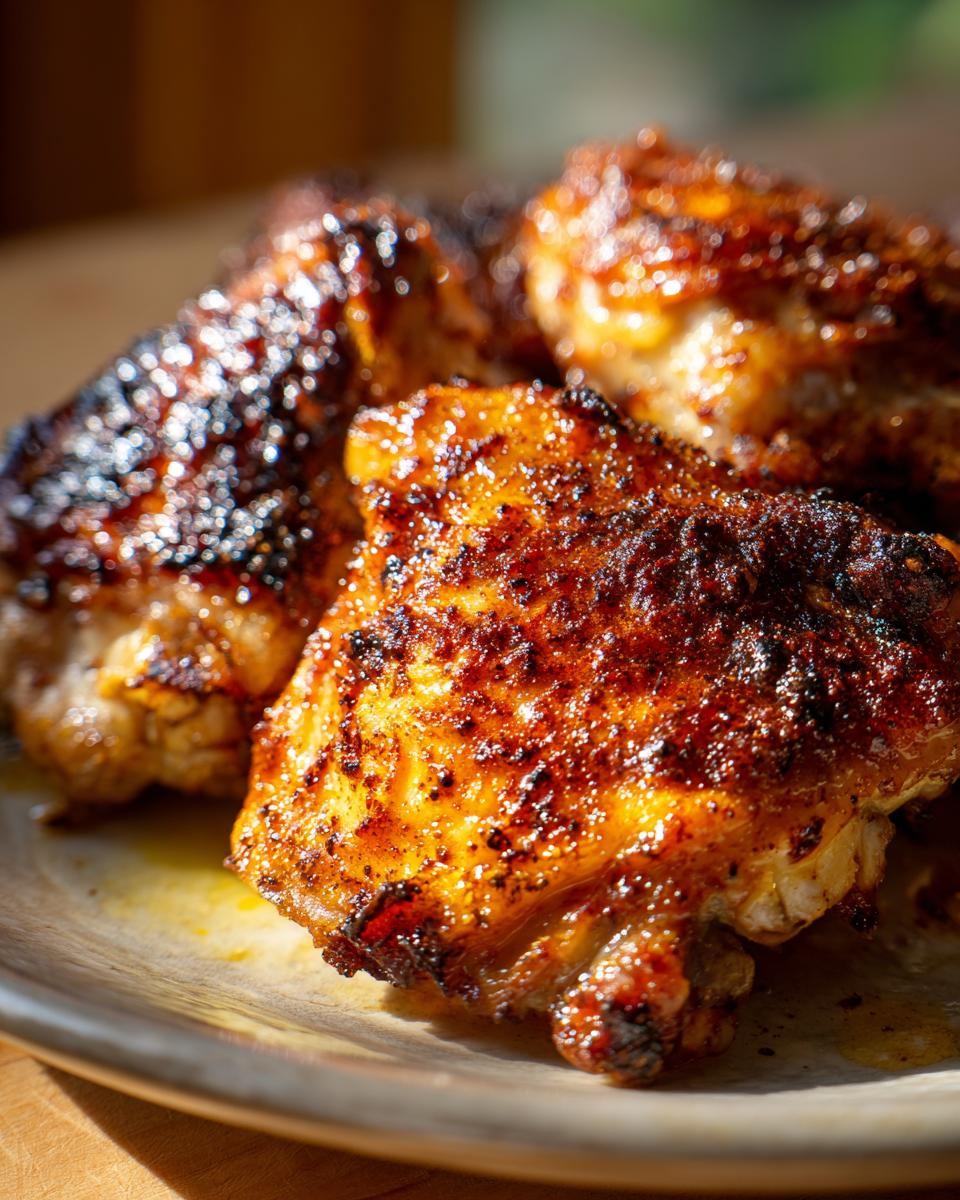 Close-up of perfectly crispy air fryer chicken thighs with a golden-brown, seasoned skin.