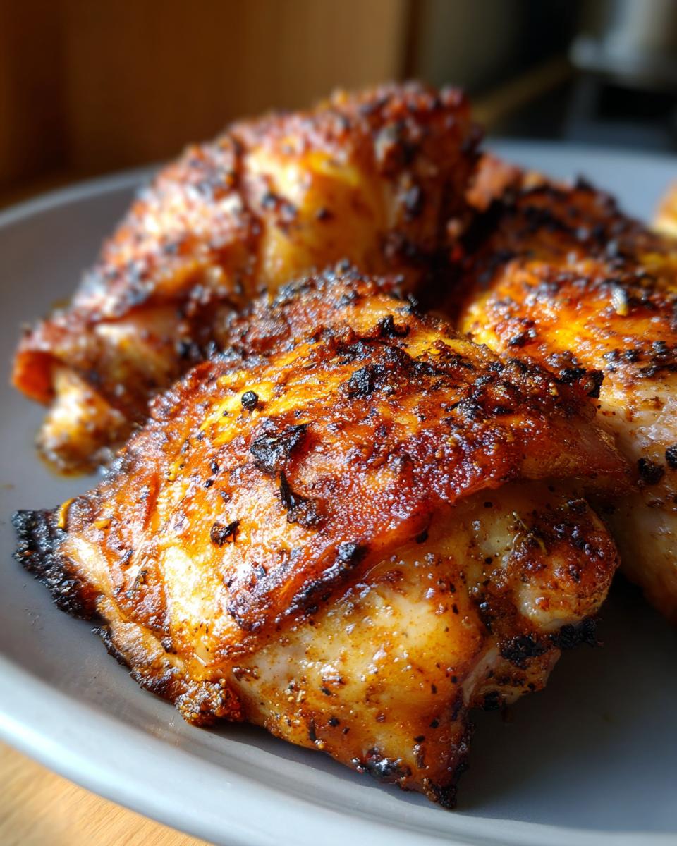 Close-up of perfectly seasoned and crispy air fryer chicken thighs on a grey plate.