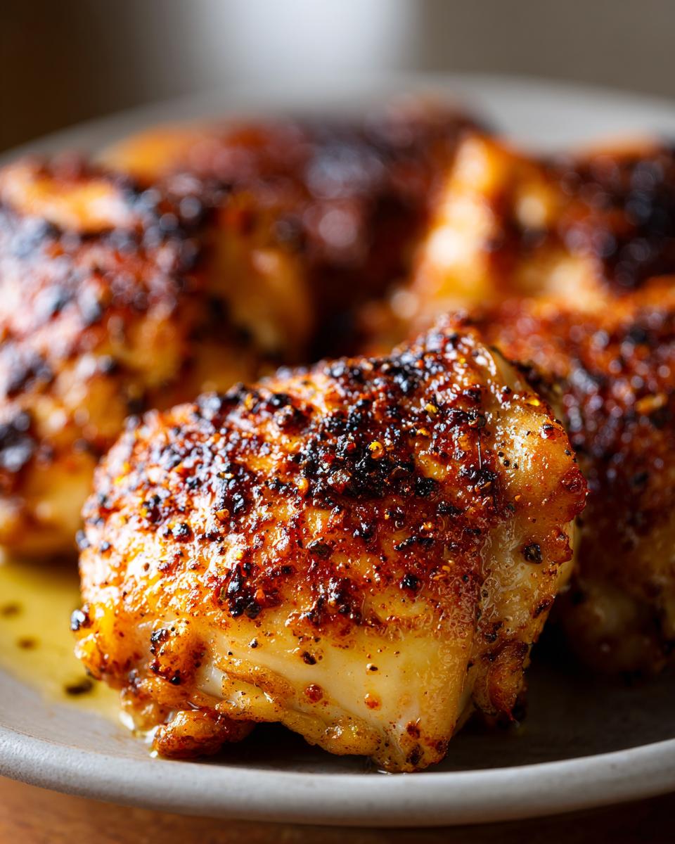 Close-up of perfectly seasoned and crispy air fryer chicken thighs on a plate.