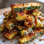 A close-up shot of a stack of crispy baked zucchini fries, coated in breadcrumbs and golden brown.